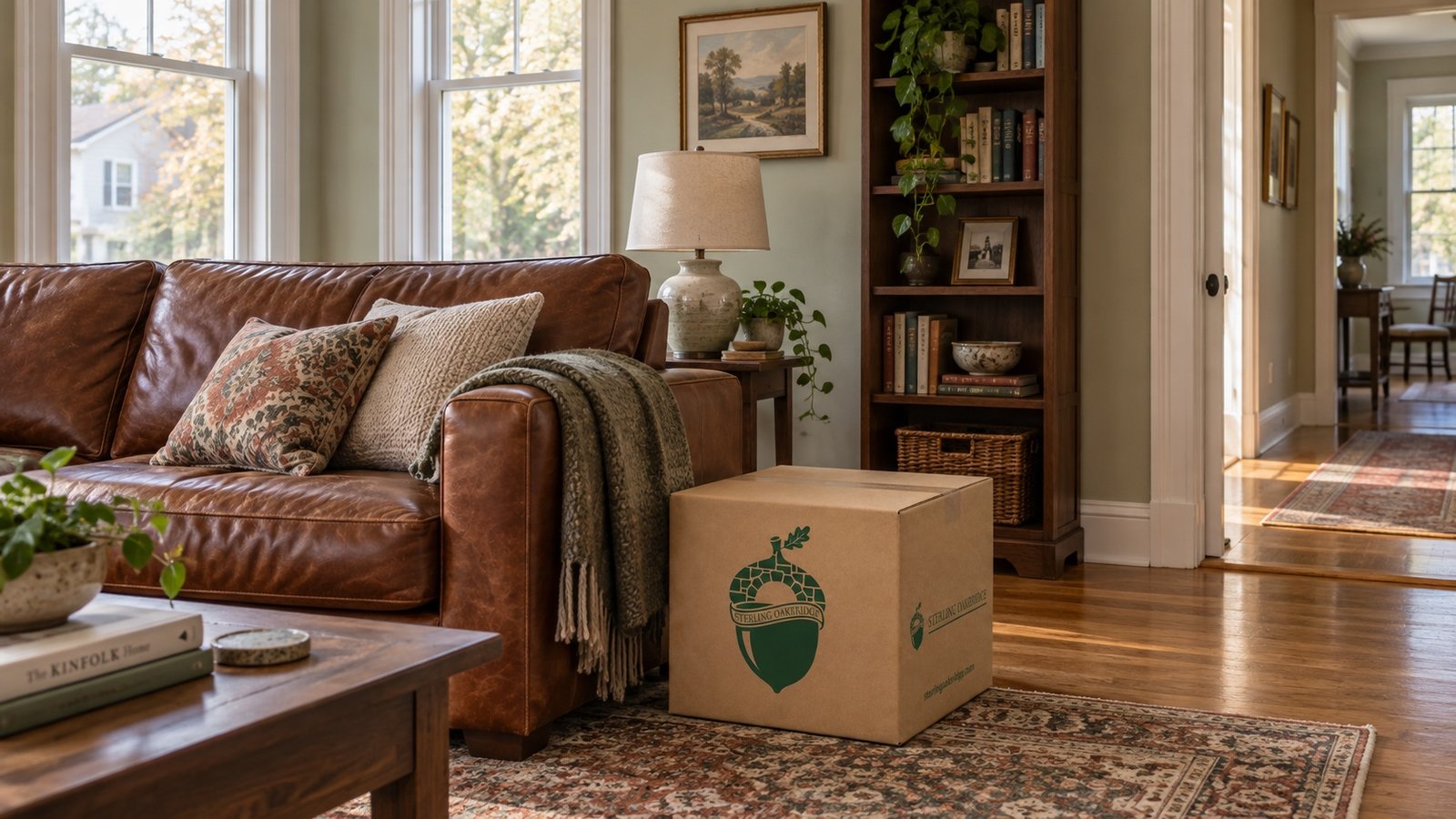 Rust-brown leather sofa, walnut bookcase and branded kraft carton in a living room