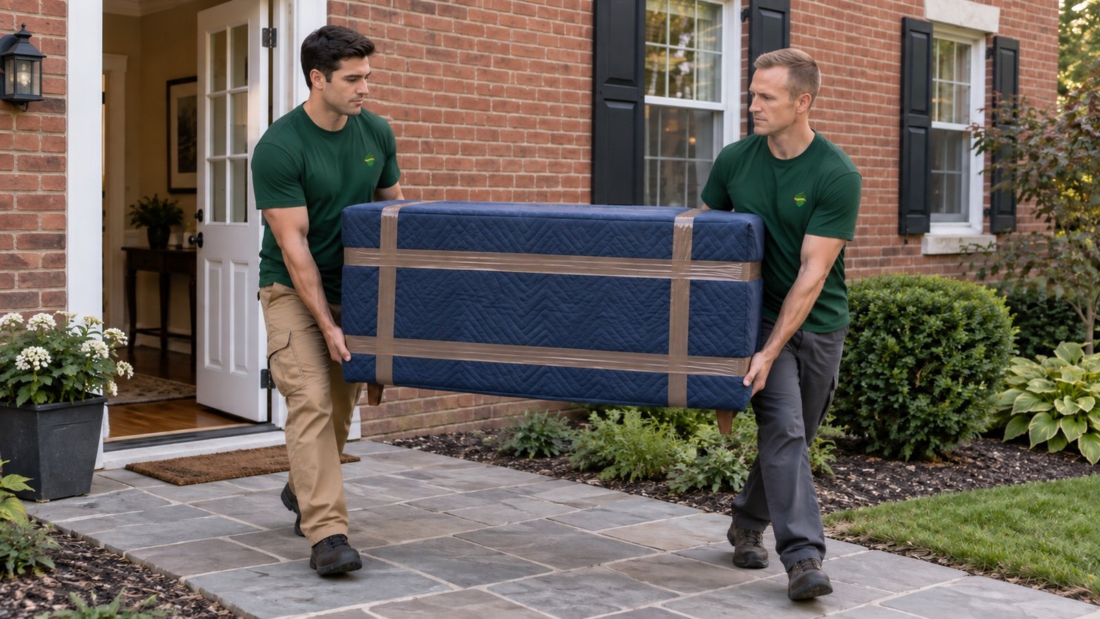 Two movers carrying blanket-protected furniture outside an open brick-house entrance