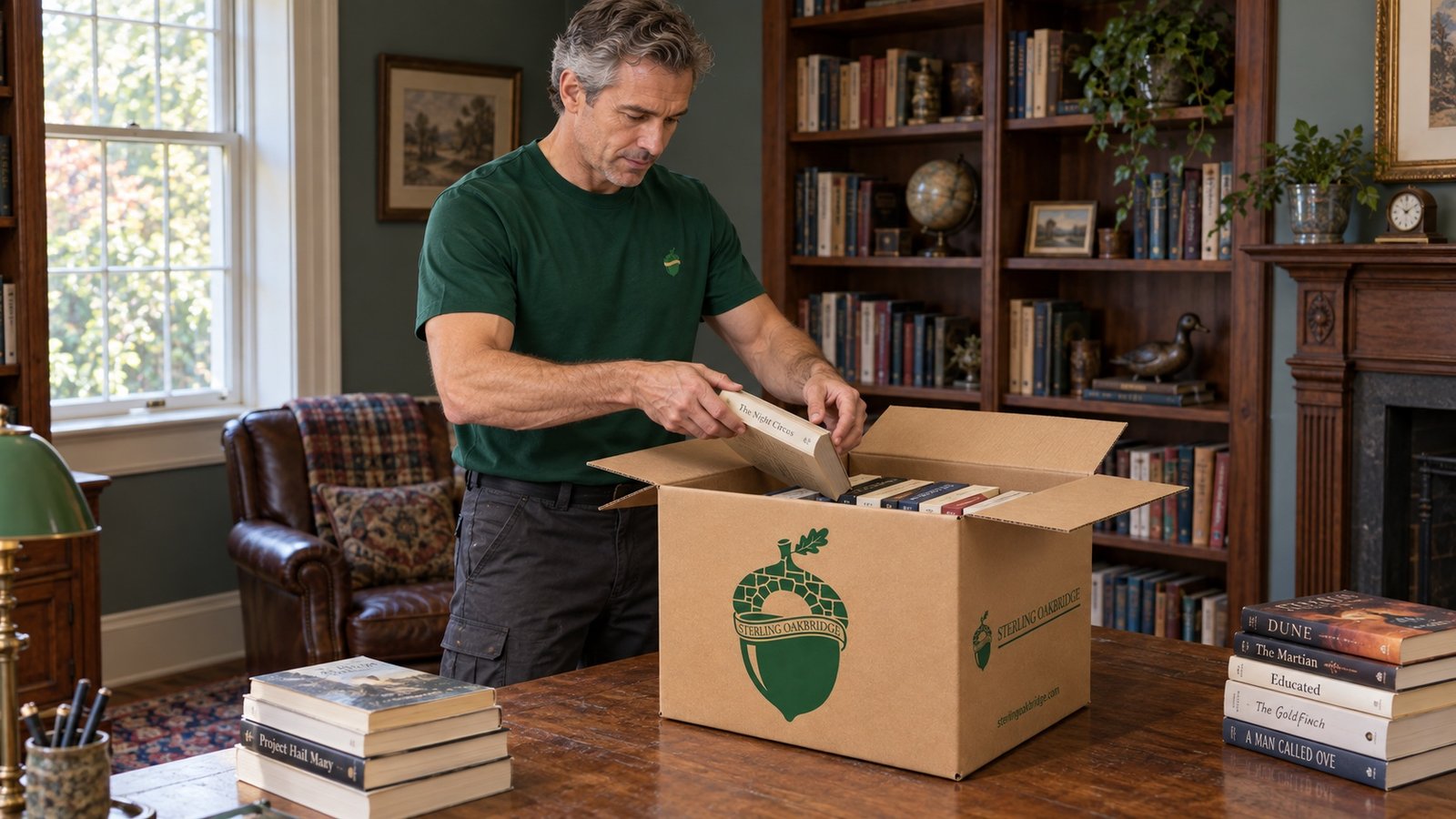 Mover lowering a book into an open branded carton on a wooden table