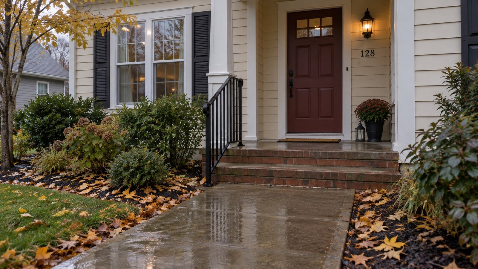 Wet path and two brick steps leading to a burgundy front door