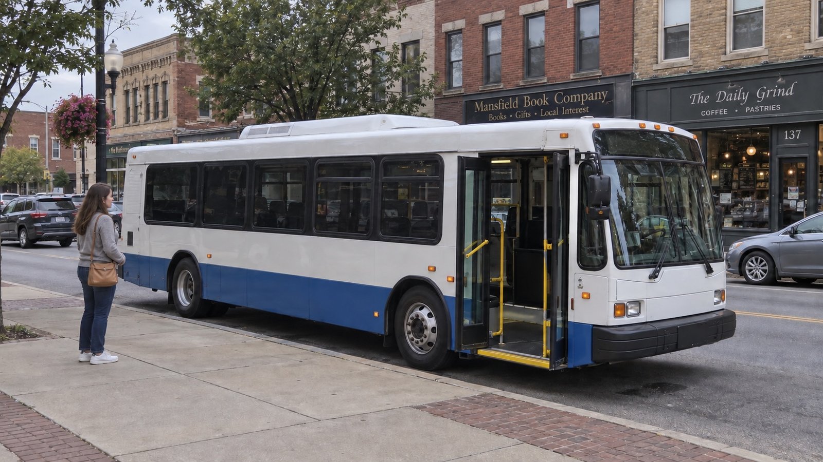 White and blue bus with an open front door beside a waiting woman