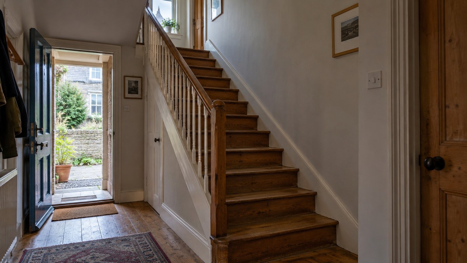 Stairs and the route to an upper floor Straight wooden staircase with a handrail and upper landing beside an open entrance door in an older home
