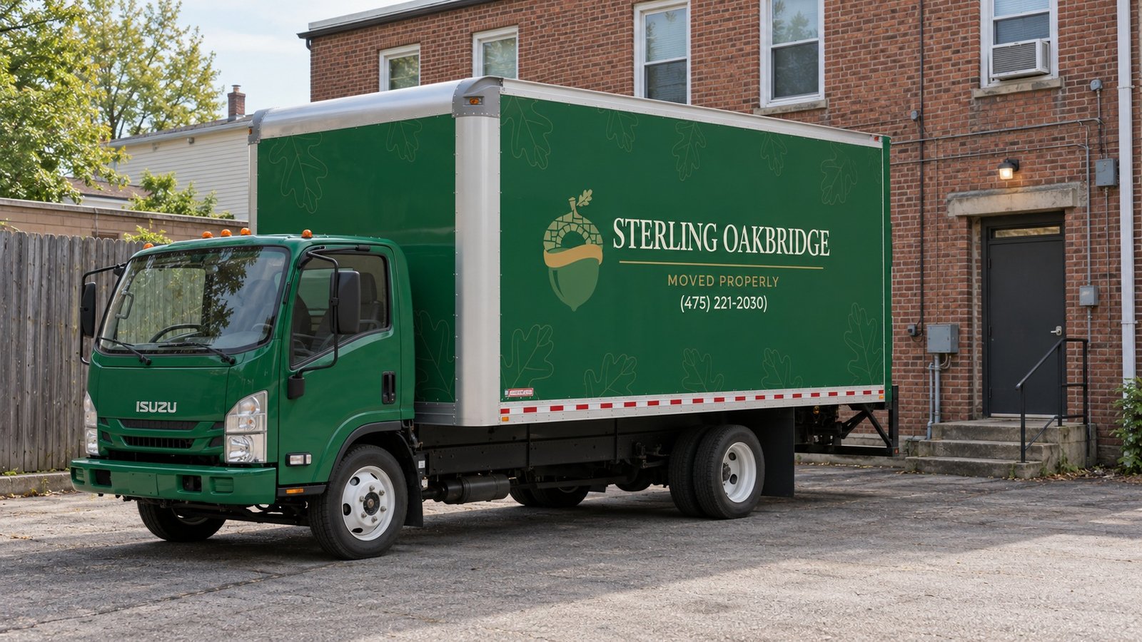A rear loading position Green and gold Sterling Oakbridge Isuzu box truck in a paved yard beside a rear entrance to a brick building