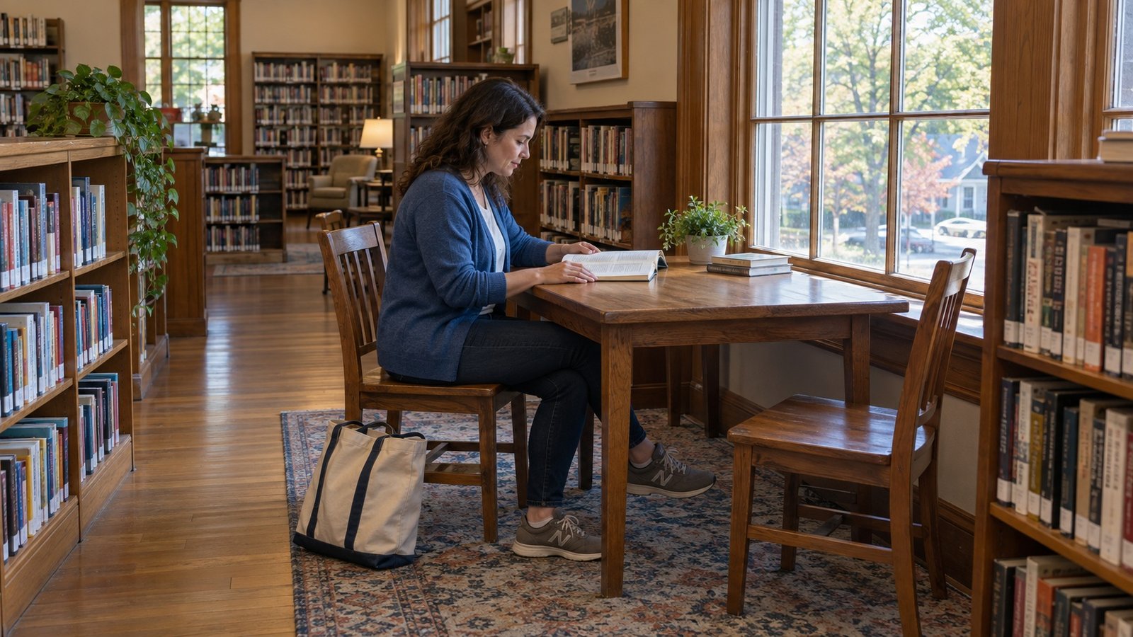 Woman reading at a wooden table by a library window, with bookshelves and a canvas bag beside her chair