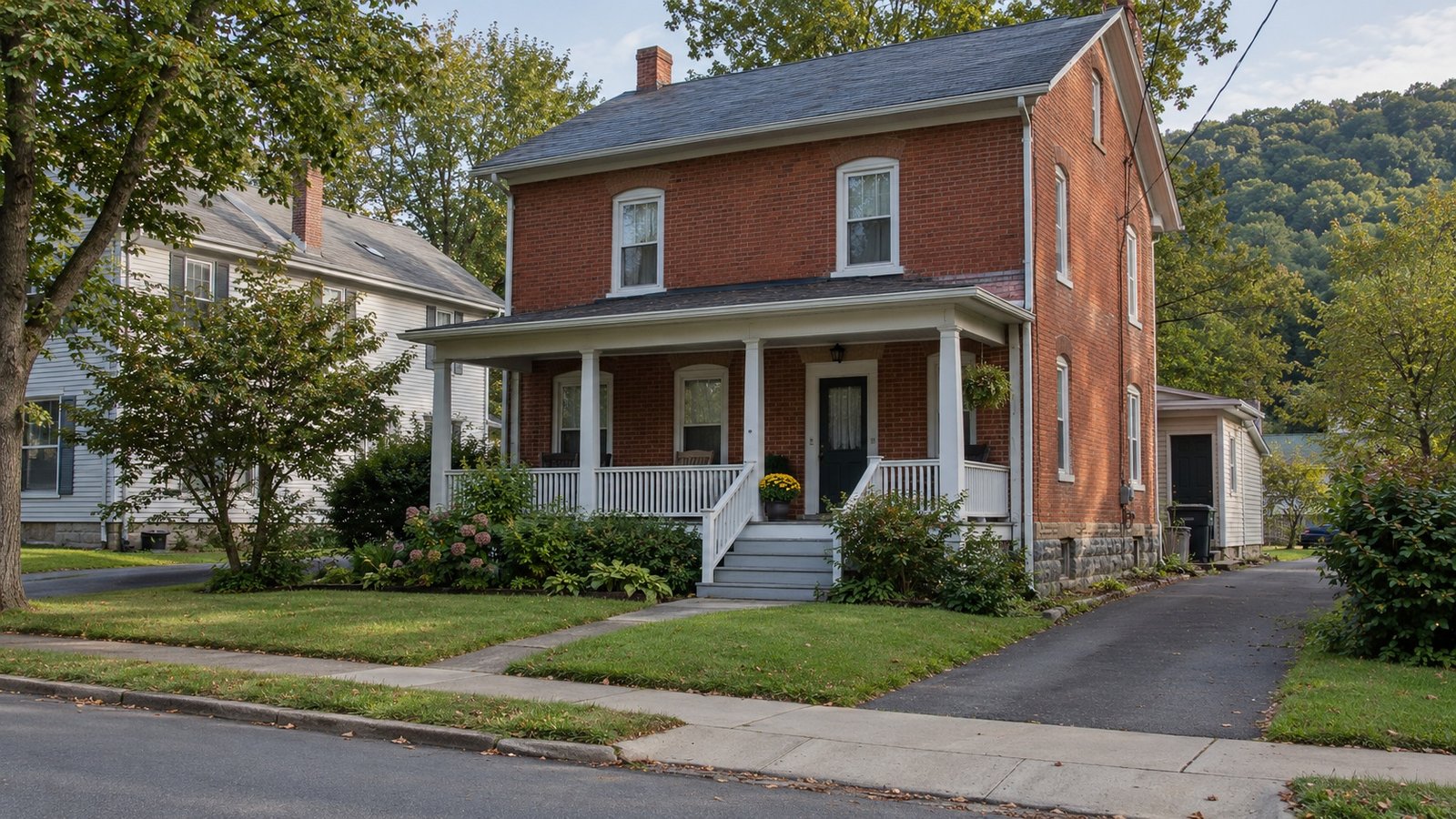 Brick village home with a front porch Two-story red-brick house with a white front porch, steps, sidewalk and a narrow paved side driveway