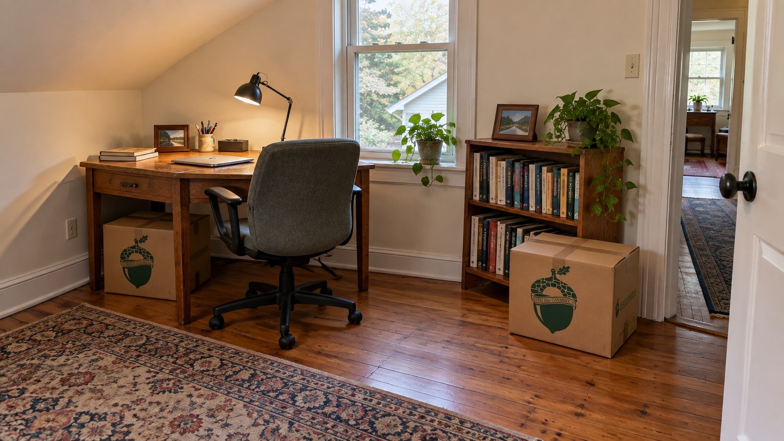 Wooden desk, office chair and low bookcase beneath a sloping ceiling, with two closed Sterling Oakbridge cartons on the floor