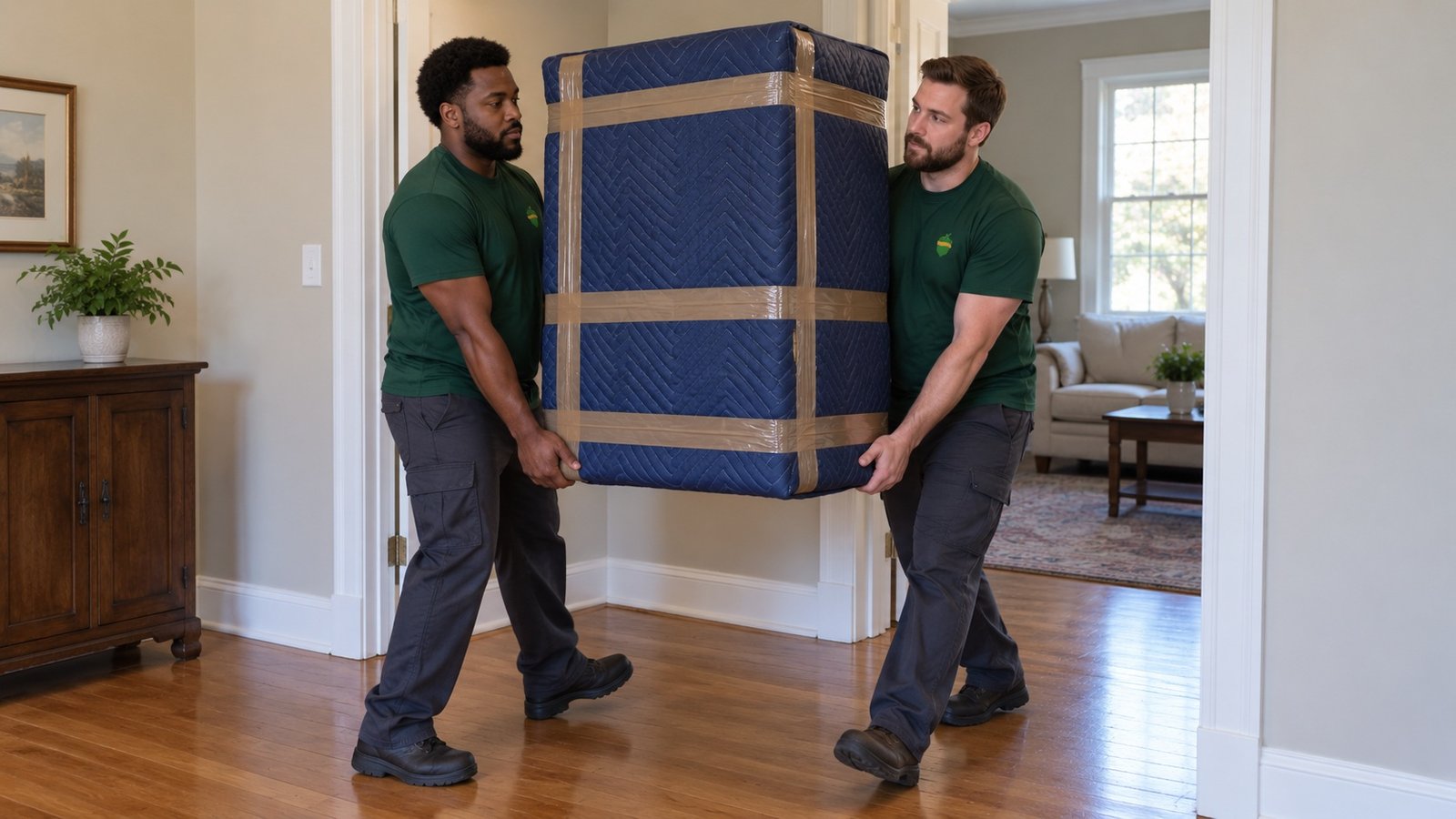 Protected furniture through a doorway Two male Sterling Oakbridge movers carrying a rectangular furniture item covered in blue moving blankets secured with brown packing tape