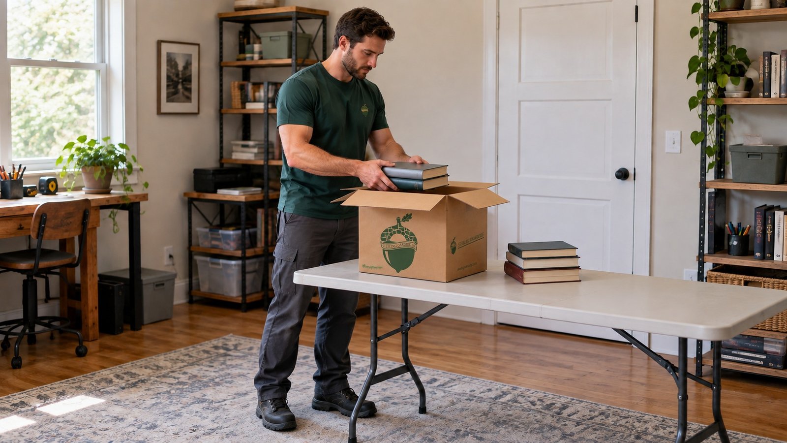 Books packed in a small carton Male Sterling Oakbridge mover holding two books above a small open branded carton on a folding table