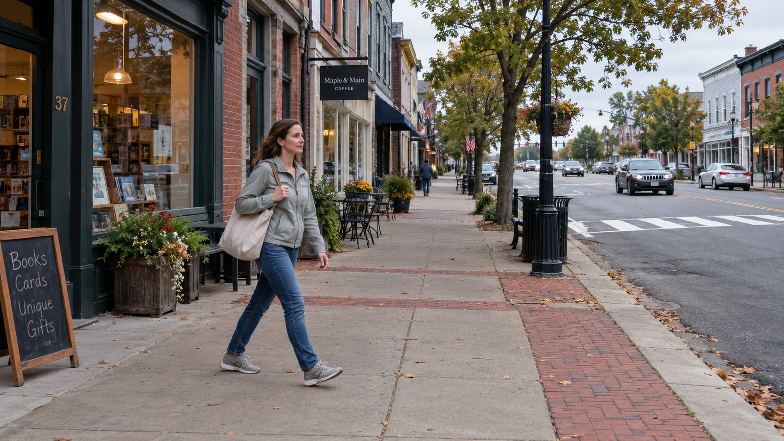 Woman carrying a canvas bag along a village sidewalk beside brick storefronts and a street crossing