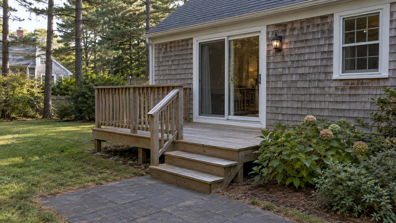The back entrance Paved path leading to three wooden steps, a small deck and a sliding patio door