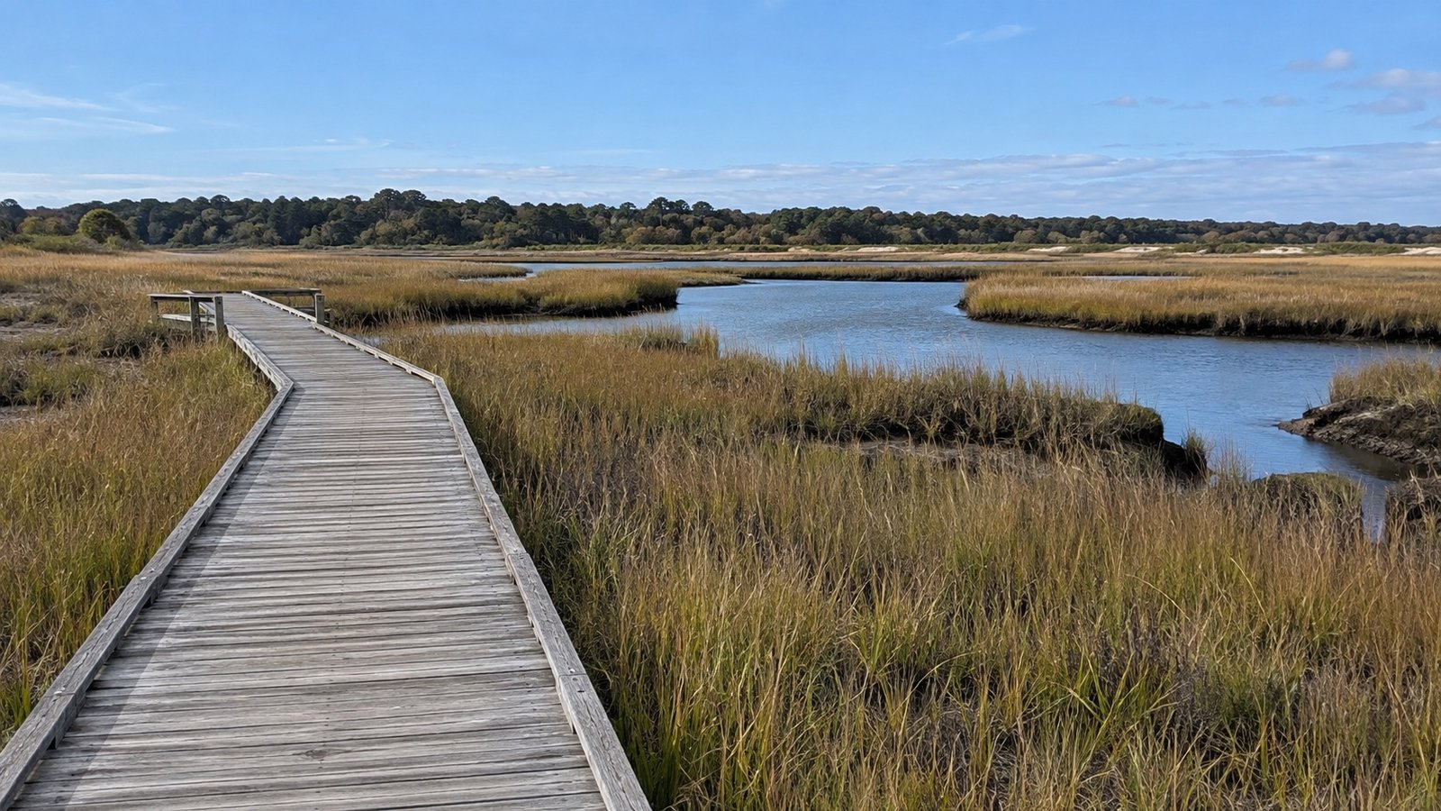 A walk beside the marsh Wooden boardwalk following the edge of a salt marsh beside a narrow tidal creek