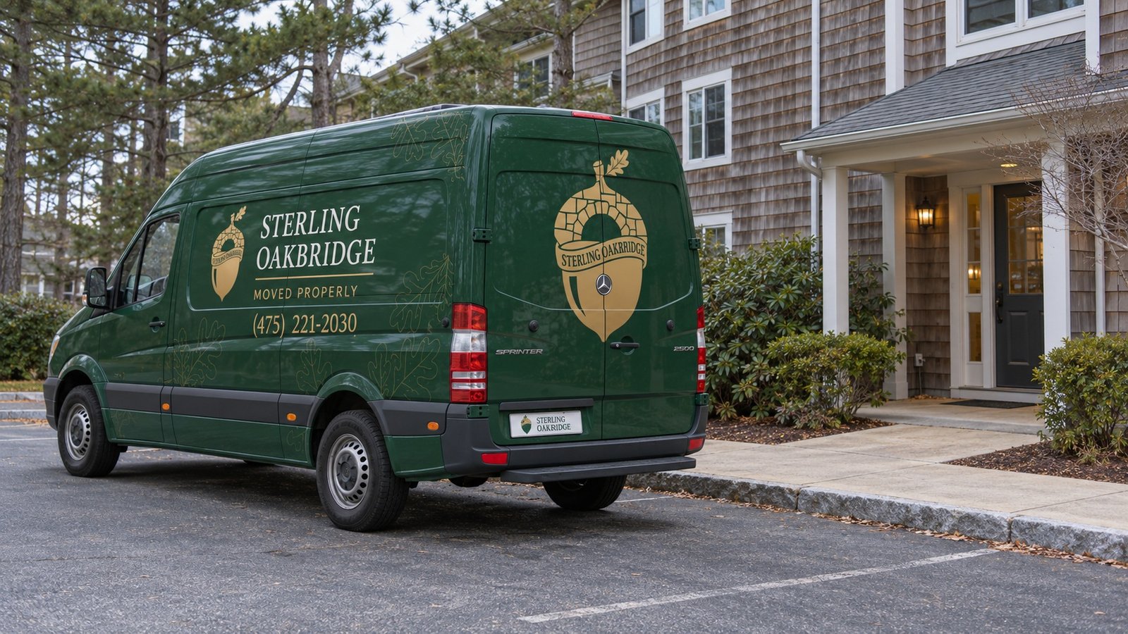 Space beside the building Green Sterling Oakbridge Sprinter van parked beside a low-rise residential building and paved walkway