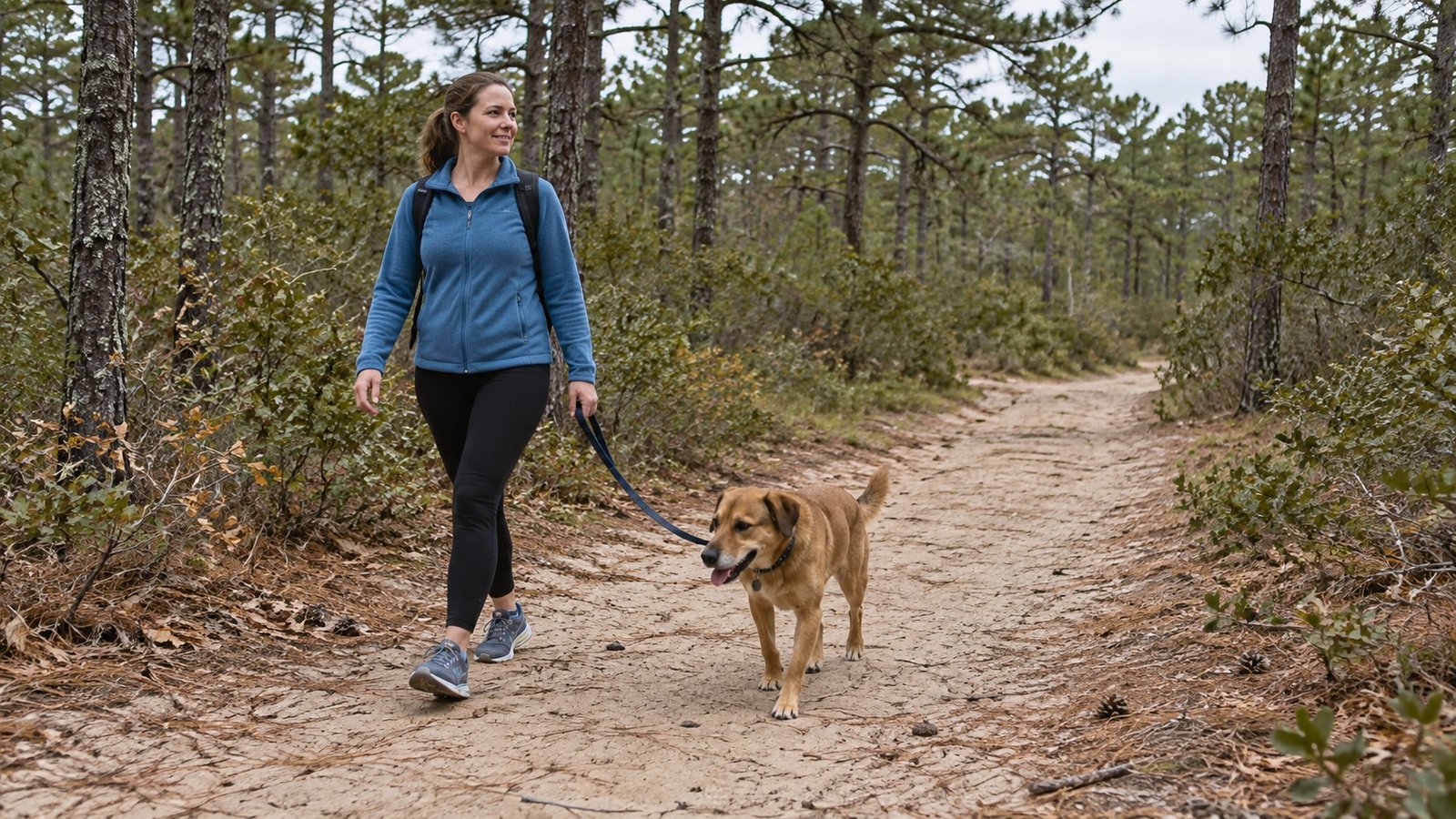 A walk with the dog Woman walking a brown dog on a leash along a woodland path