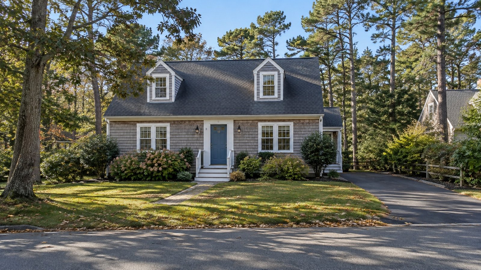 Room to approach the house Cedar-shingled Cape house with two dormers, a blue front door and a paved driveway beside pine trees