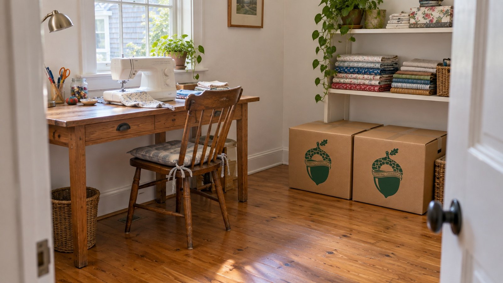 A room for sewing Sewing machine on a wooden table beside a chair, folded fabric and two kraft moving cartons beneath a shelf