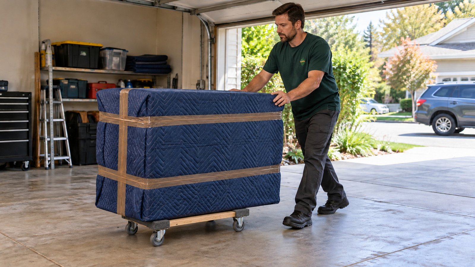 Moving protected furniture Male mover guiding blanket-wrapped furniture on a compact open-frame wooden dolly