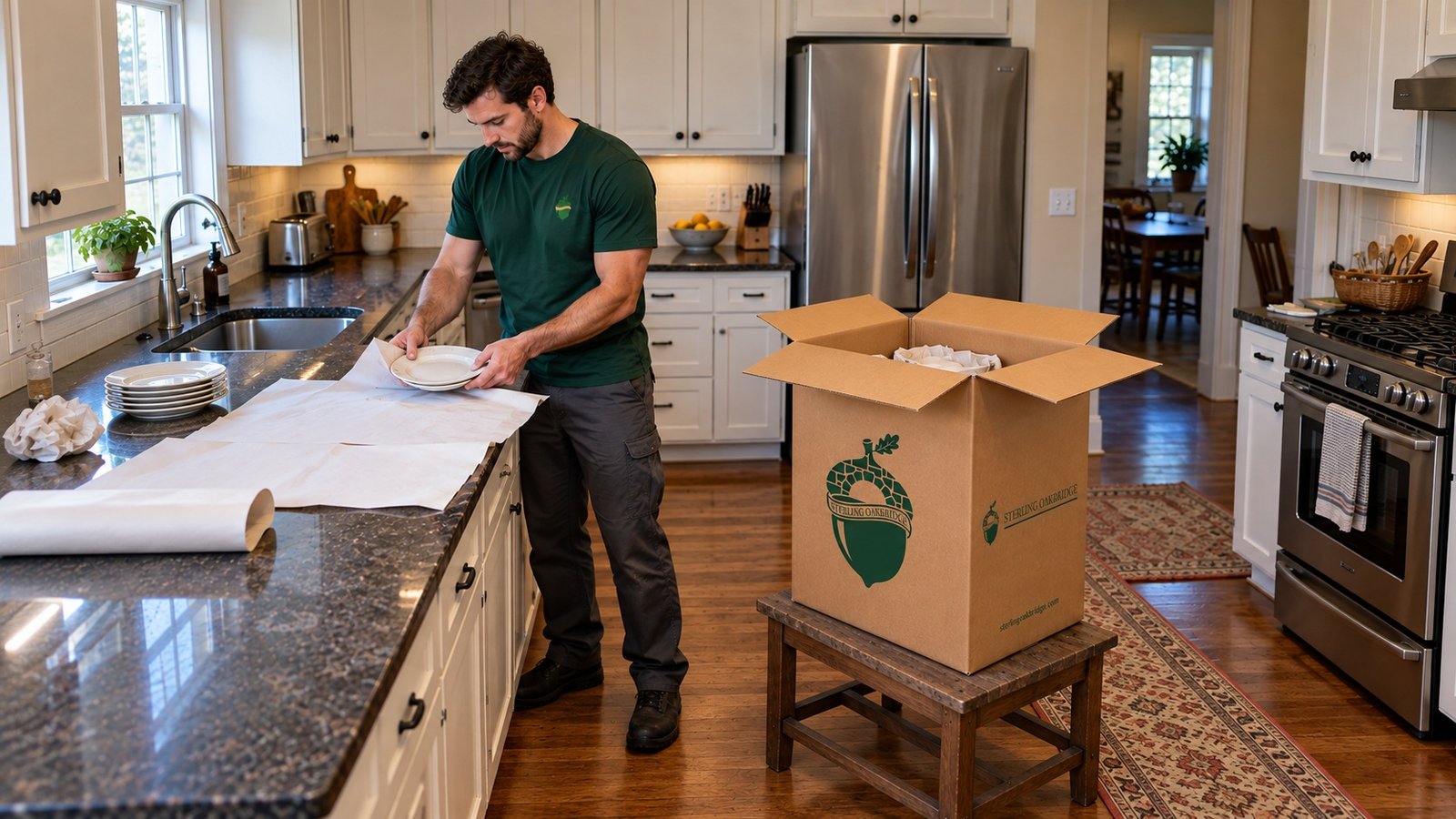 Wrapping the dishes Male Sterling Oakbridge mover wrapping a dinner plate in paper beside an open kraft dish carton