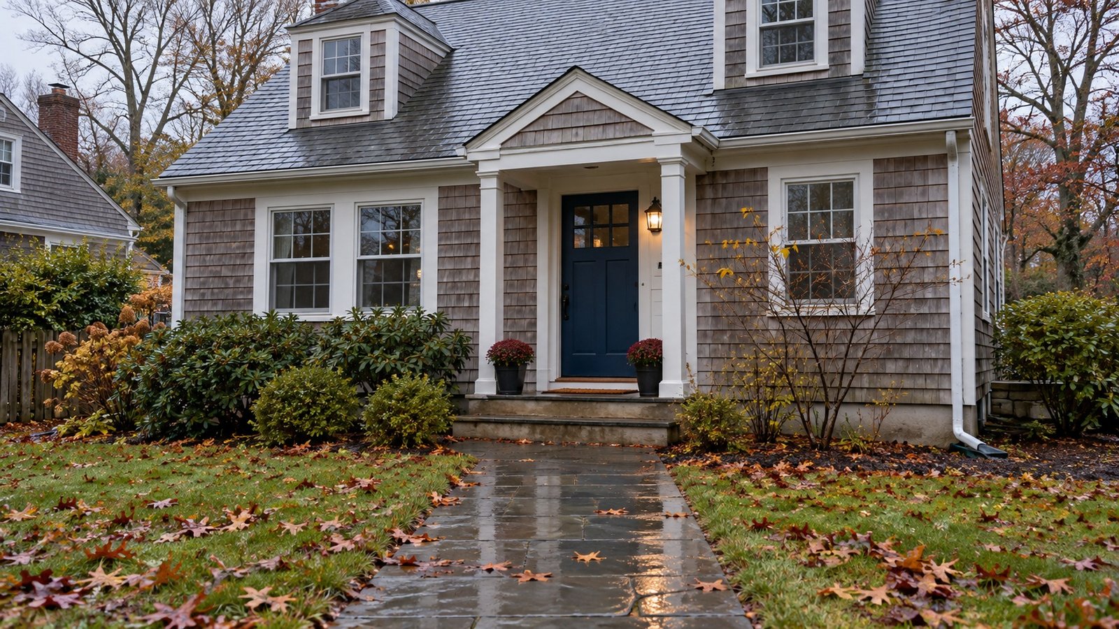 The entrance after rain Wet paved path leading to a lit blue door beneath a covered porch, with autumn leaves on the lawn and path