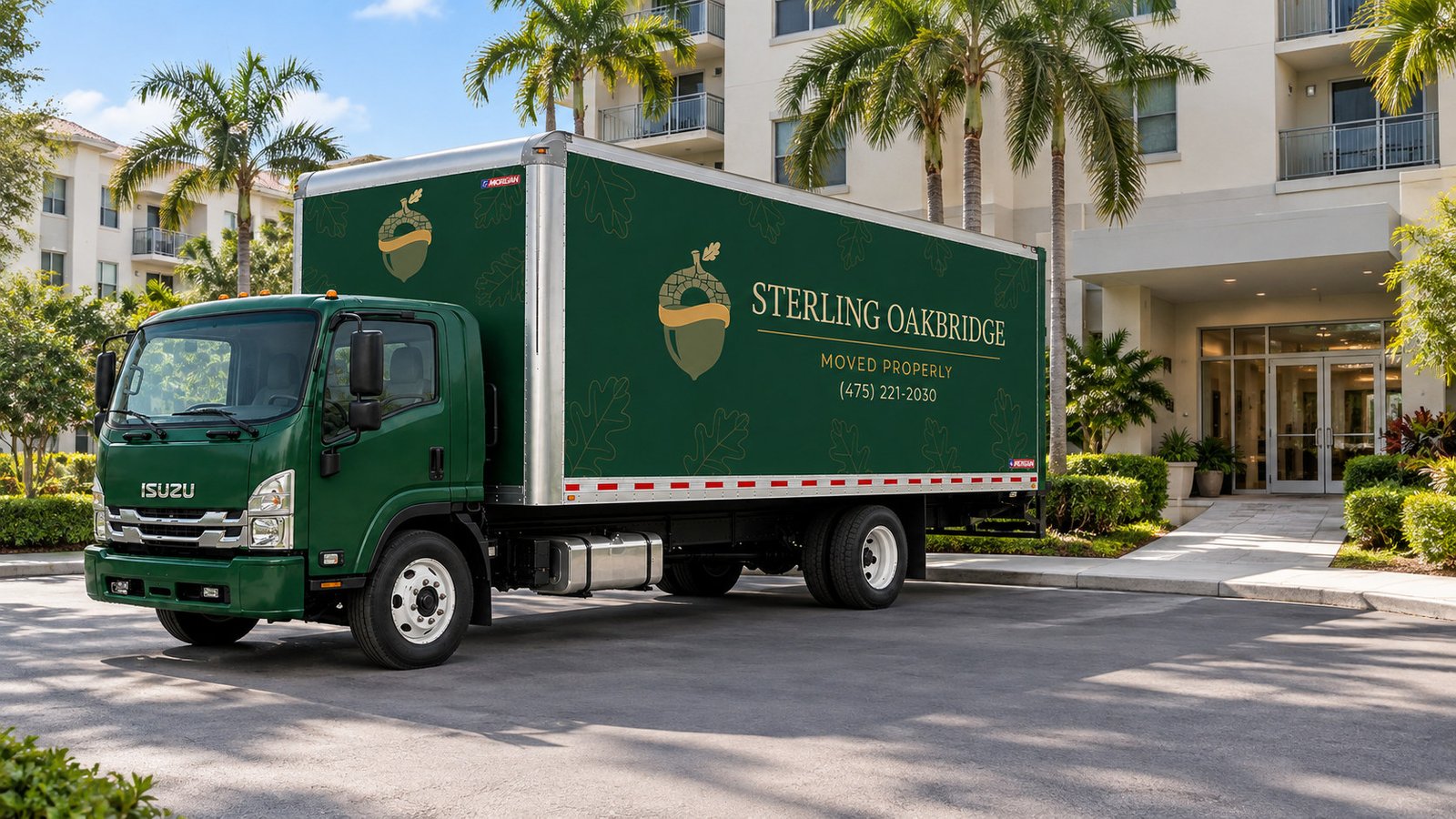 Truck footprint beside the building approach Green Sterling Oakbridge Isuzu FTR box truck on a paved apartment access court beside a separate entrance walkway