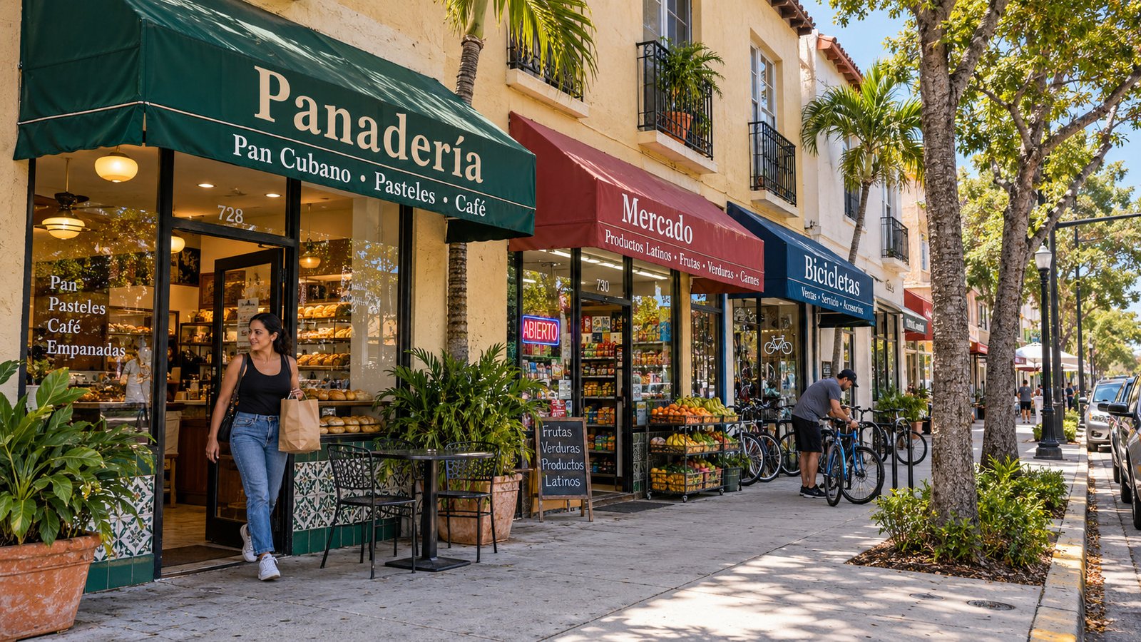 A resident leaves a neighborhood bakery carrying a paper bag while another unlocks a bicycle beside neighboring stucco storefronts.