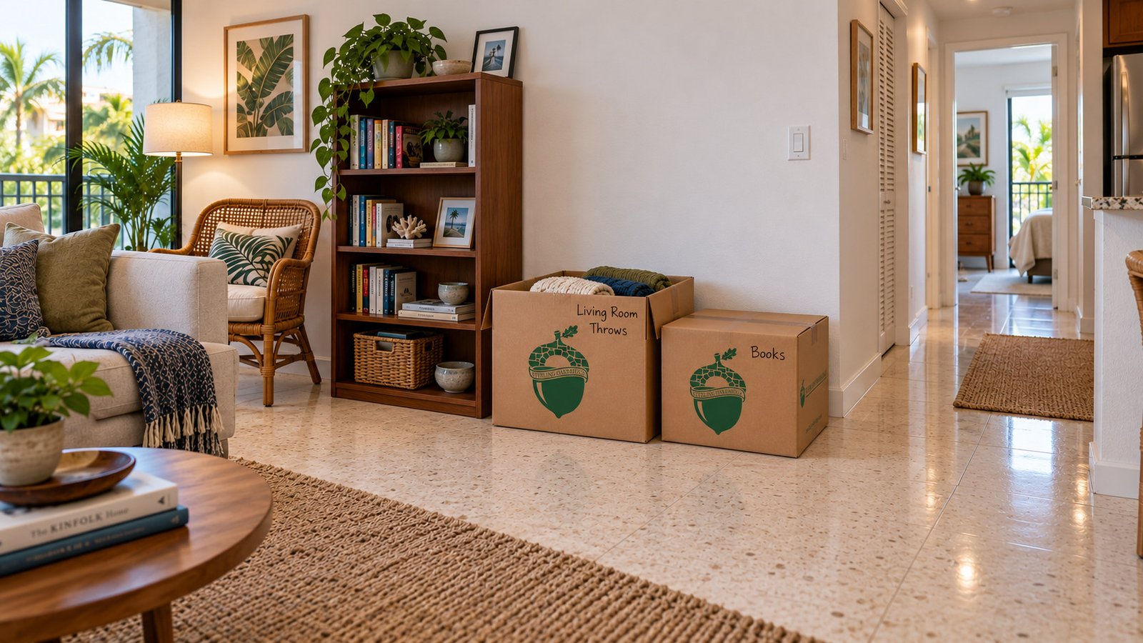 An open Medium carton of throws and a smaller closed Book carton stand against a wall beside a bookcase, clear of a tiled condo hallway.