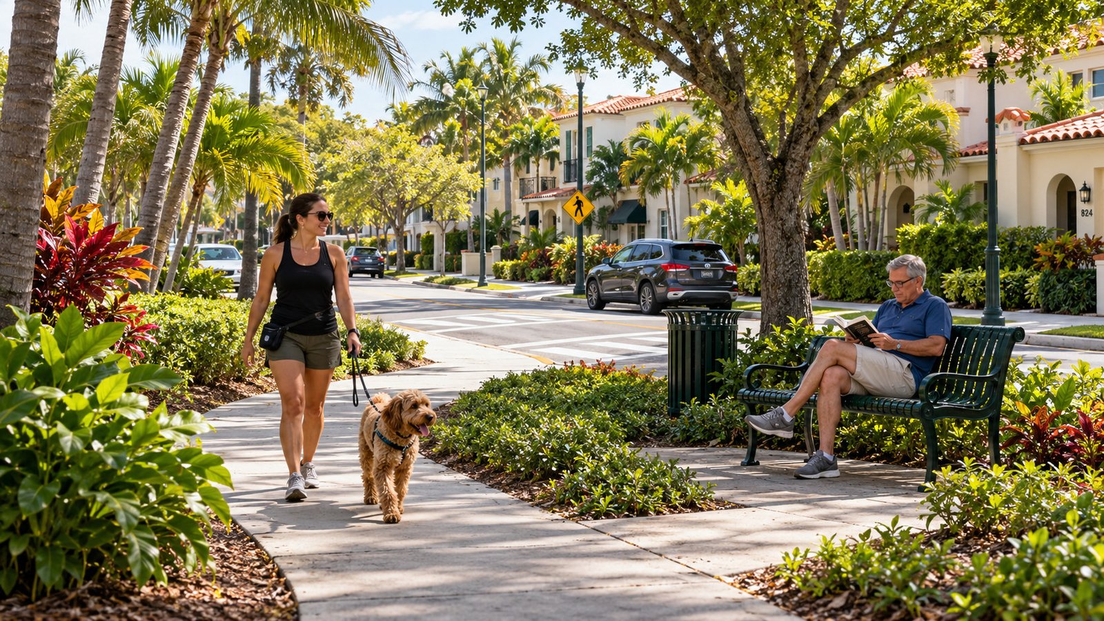 A resident walks a leashed dog along a public path while another reads on a separate bench beside tropical planting and stucco homes.