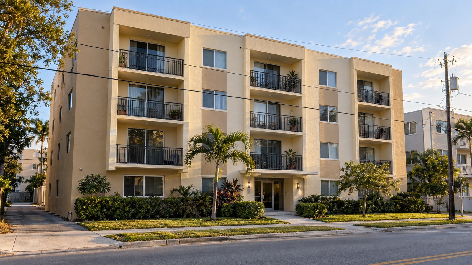 Complete low-rise apartment frontage Four-story cream stucco apartment building with recessed balconies and a shared entrance connected to the sidewalk