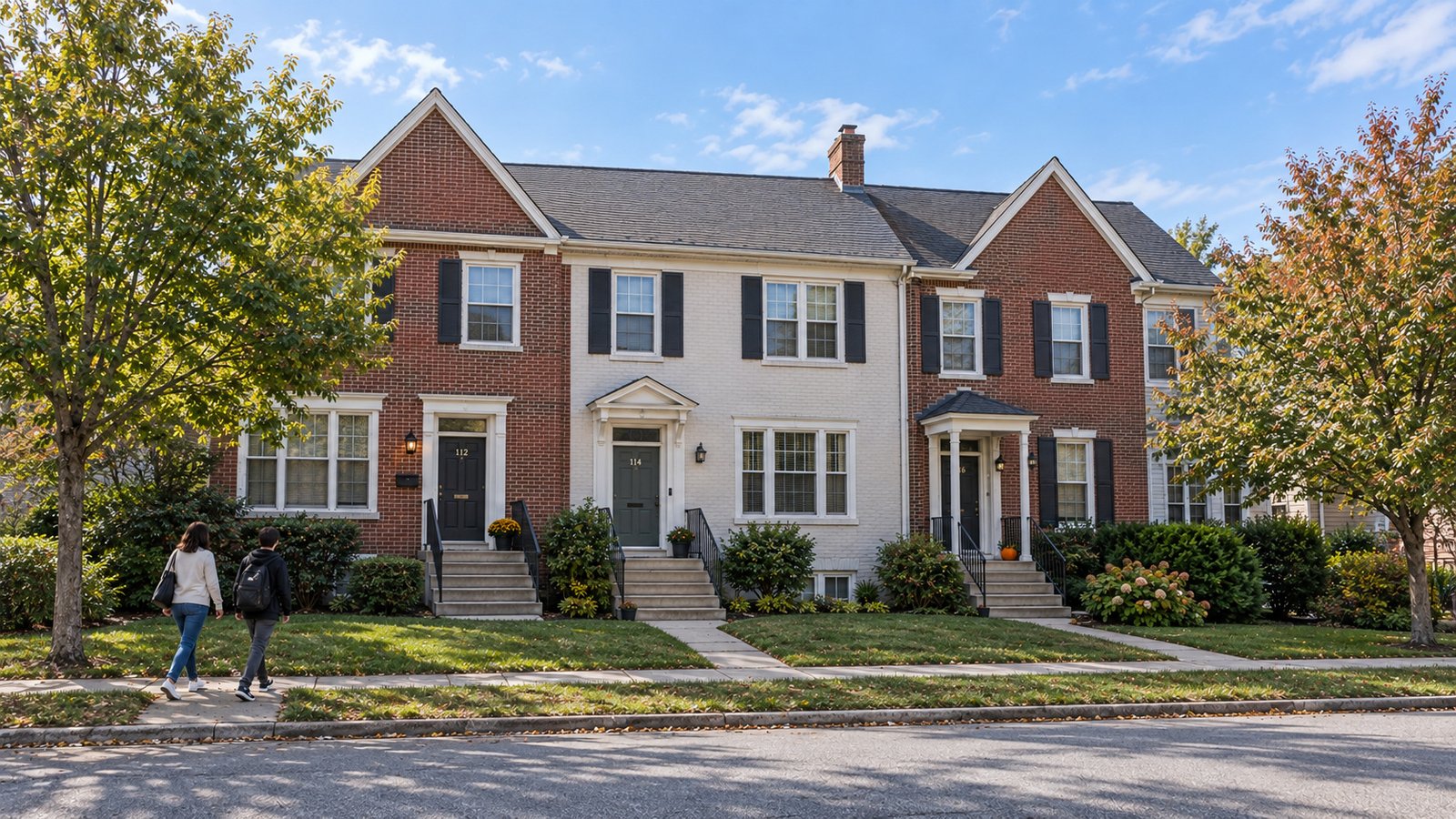 An adult and a teenager walking on a sidewalk in front of a row of brick townhouses.