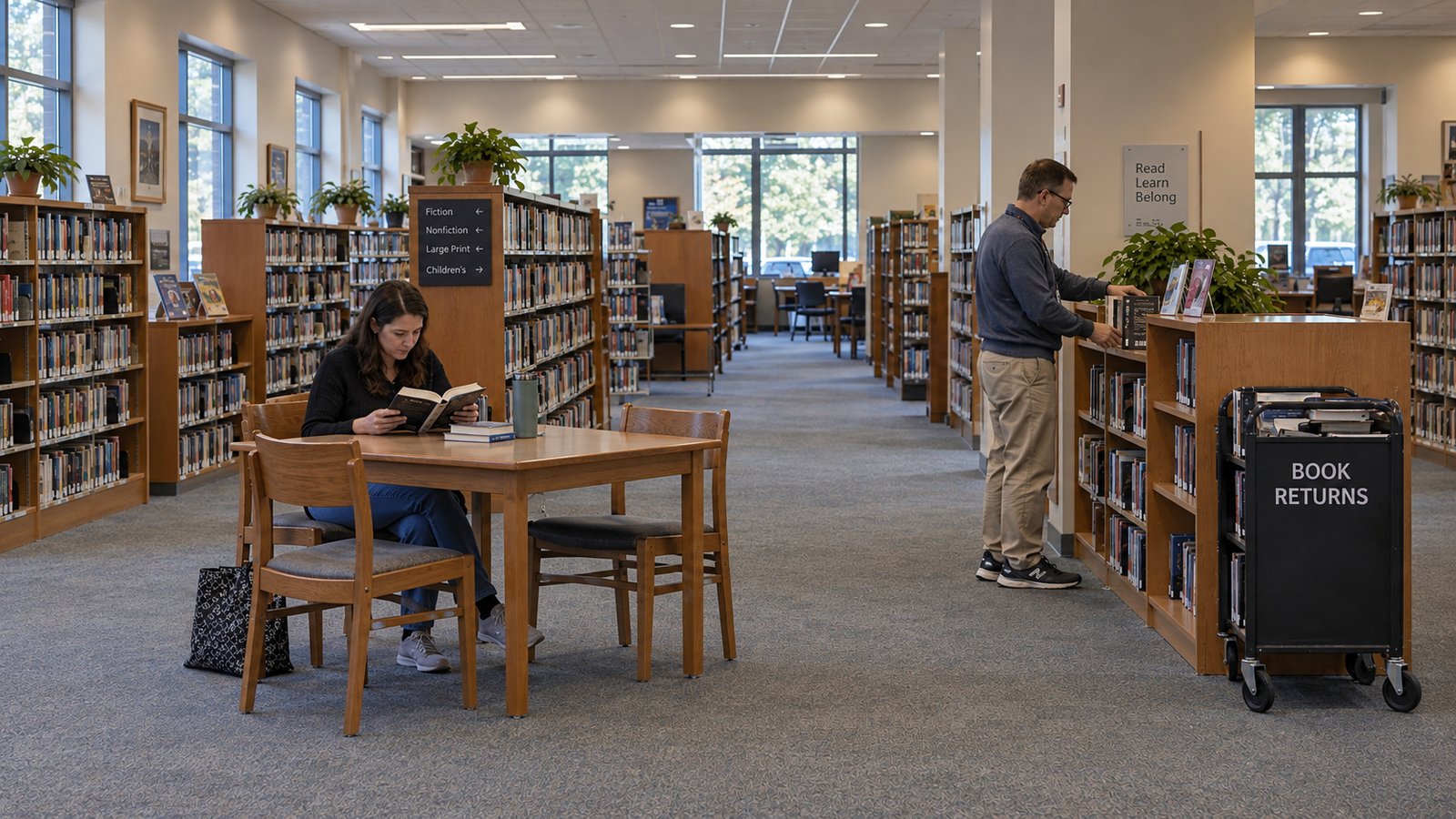A woman reading at a wood library table while a man shelves books at a separate low bookcase.