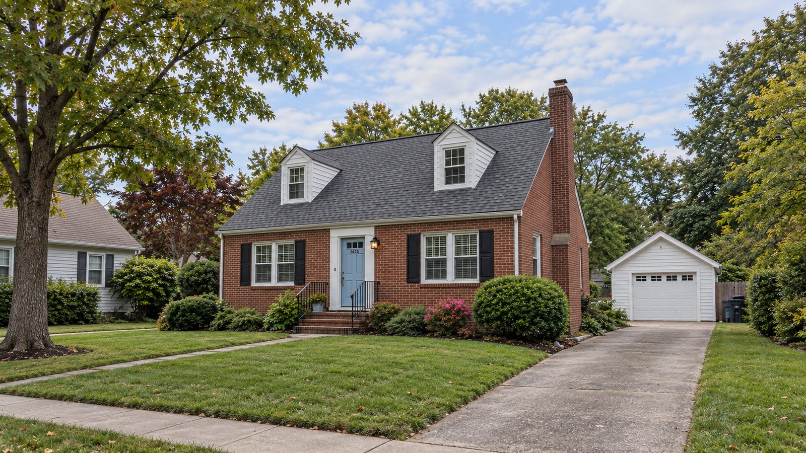 Review the receiving home A complete redbrick Cape Cod home with two dormers, a chimney, detached garage, front lawn and walk.