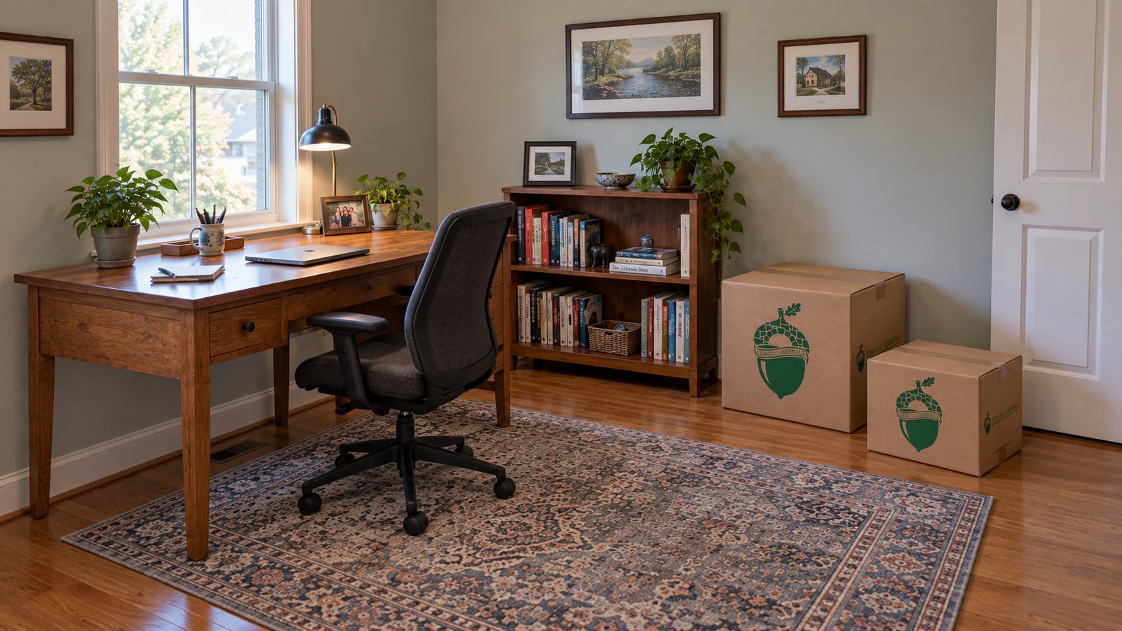 A home workspace with a wood desk, office chair, bookcase and two closed kraft cartons of different sizes.