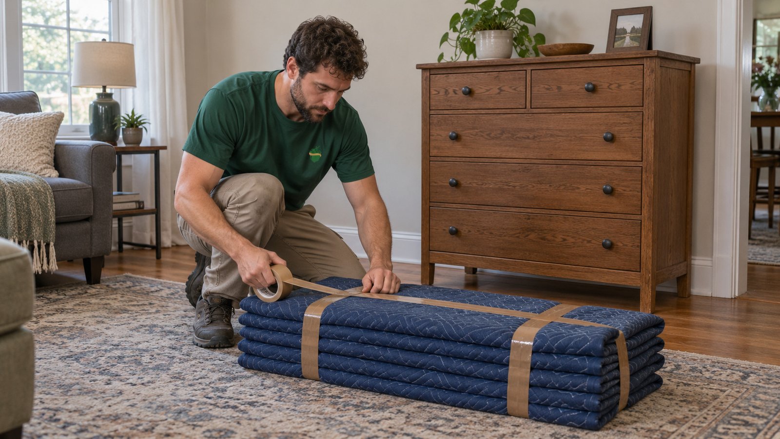 Gather the blankets after placement A male mover taping a bundle of five long-folded blue moving blankets on the floor beside a wood dresser.