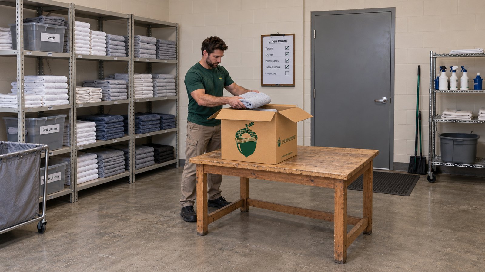 Prepare linen in a suitable carton A male employee placing a folded towel into an open kraft Medium carton on a wood table in a linen room.