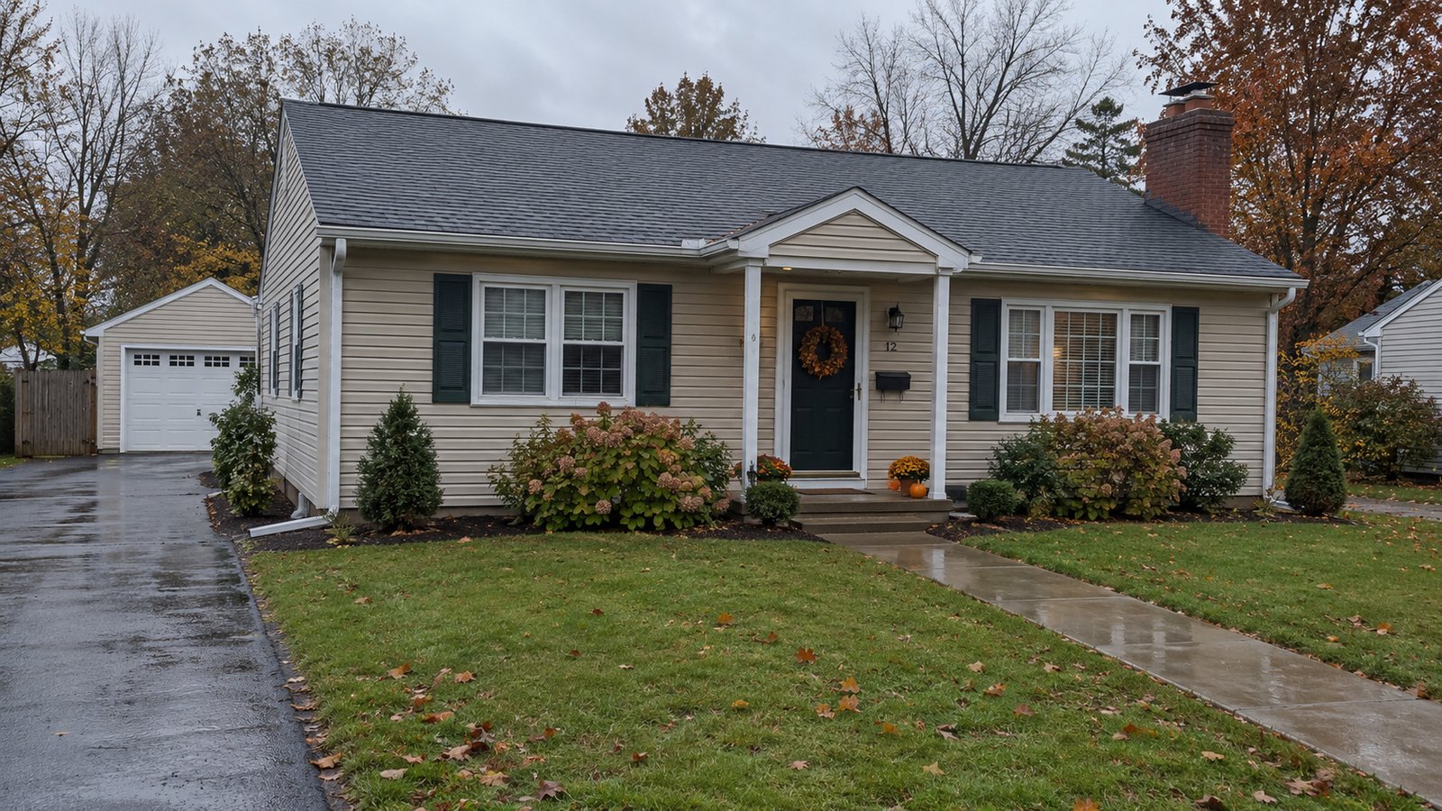 A complete tan ranch home after rain, with a wet front walk, autumn lawn and detached garage.