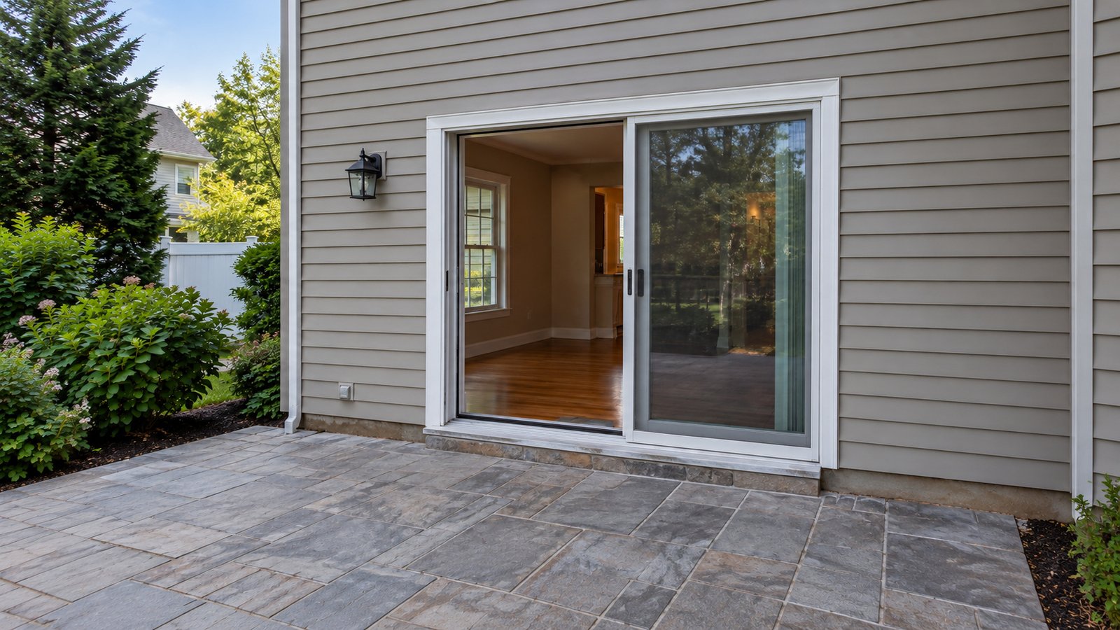 The usable opening at a patio entrance Open sliding patio door with its complete frame, low threshold and a broad paved approach to a clear room
