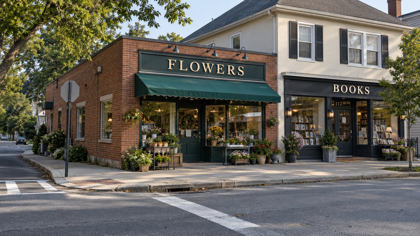 Everyday stops near a prospective home Brick flower shop beside a cream bookshop building at a paved street corner with a pedestrian crossing