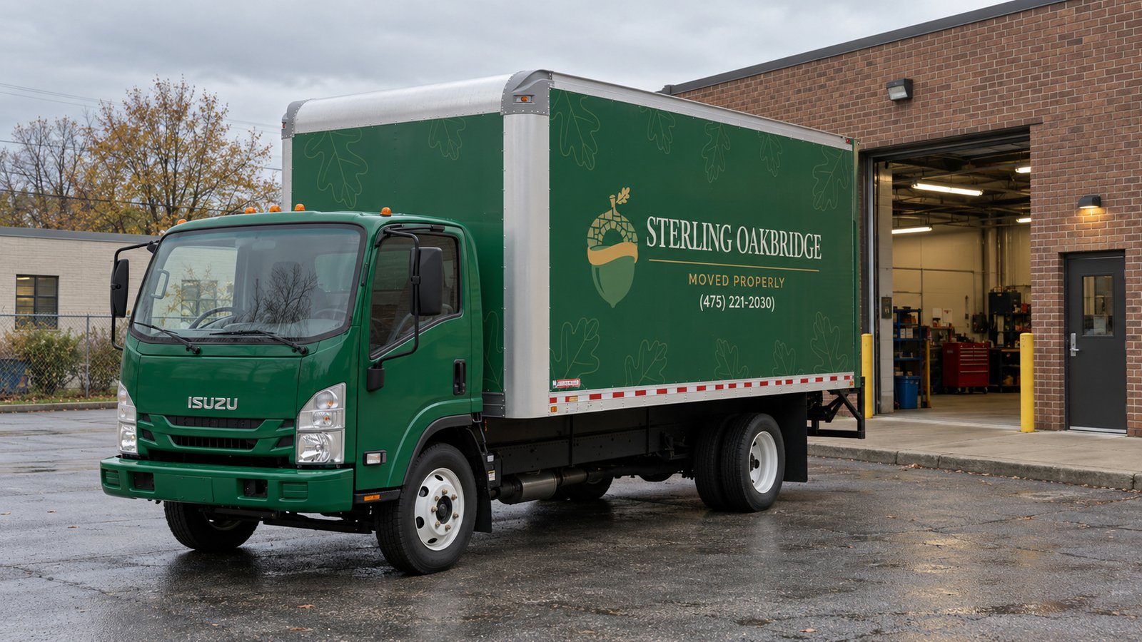 A vehicle position outside a business Green Sterling Oakbridge Isuzu moving truck on a paved forecourt beside a brick workshop and pedestrian entrance