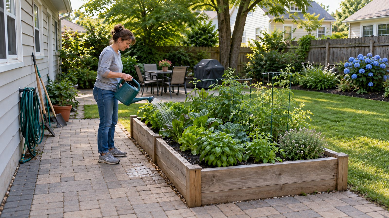 Making room for time in the garden Woman watering a raised vegetable bed beside a paved path in a back garden