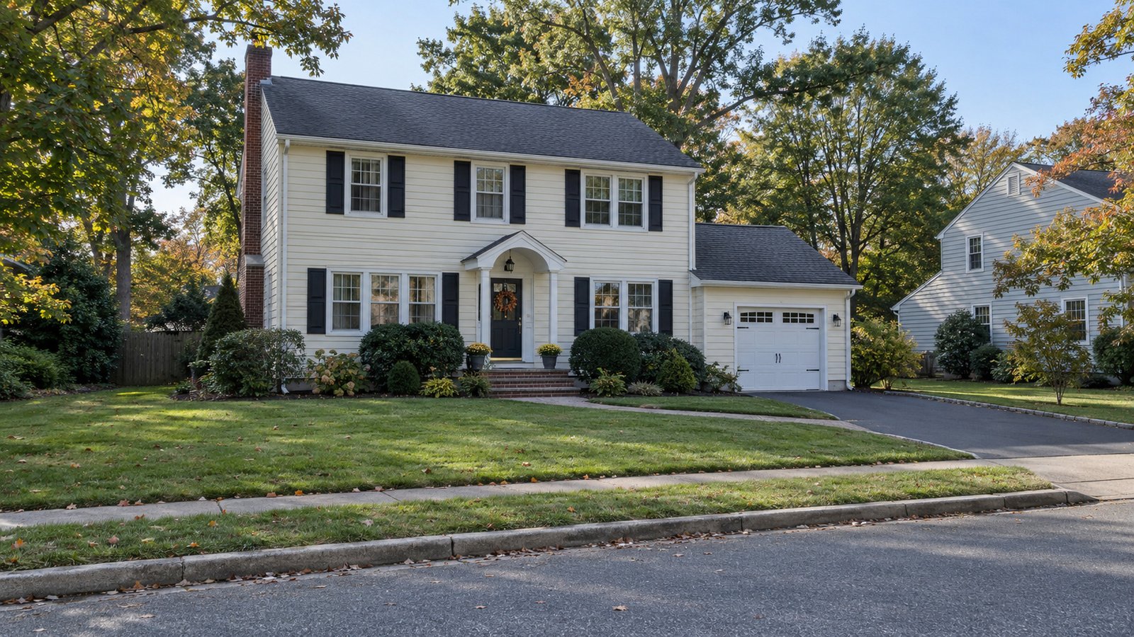 A house, garage and complete approach Two-story cream house with front steps, an attached garage, paved driveway and a short walk across the lawn