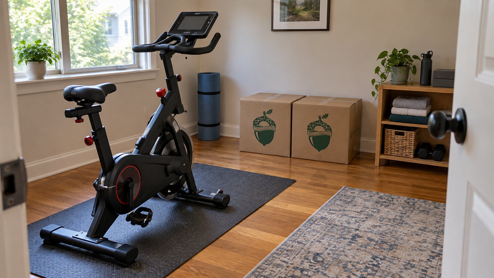 Room for a familiar home routine Stationary exercise bicycle on a floor mat with two closed Sterling Oakbridge cartons and a towel shelf against the wall