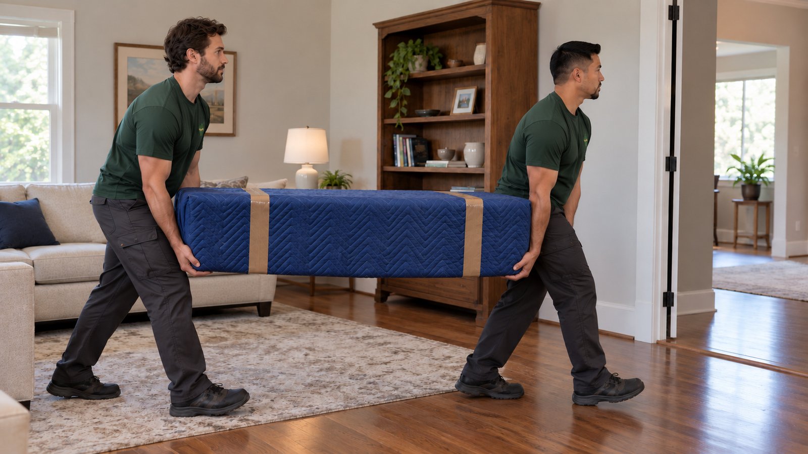 Supporting a protected piece along the route Two movers in green shirts carrying a low piece of furniture wrapped in a blue blanket toward an open doorway