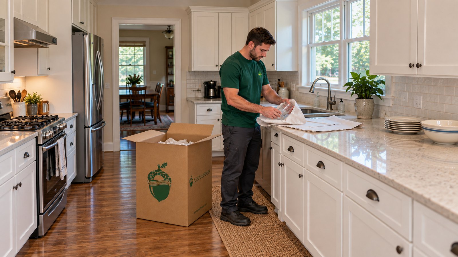 Wrapping glassware before it is boxed Mover in a green Sterling Oakbridge shirt wrapping a drinking glass in paper at a kitchen counter beside an open branded china carton