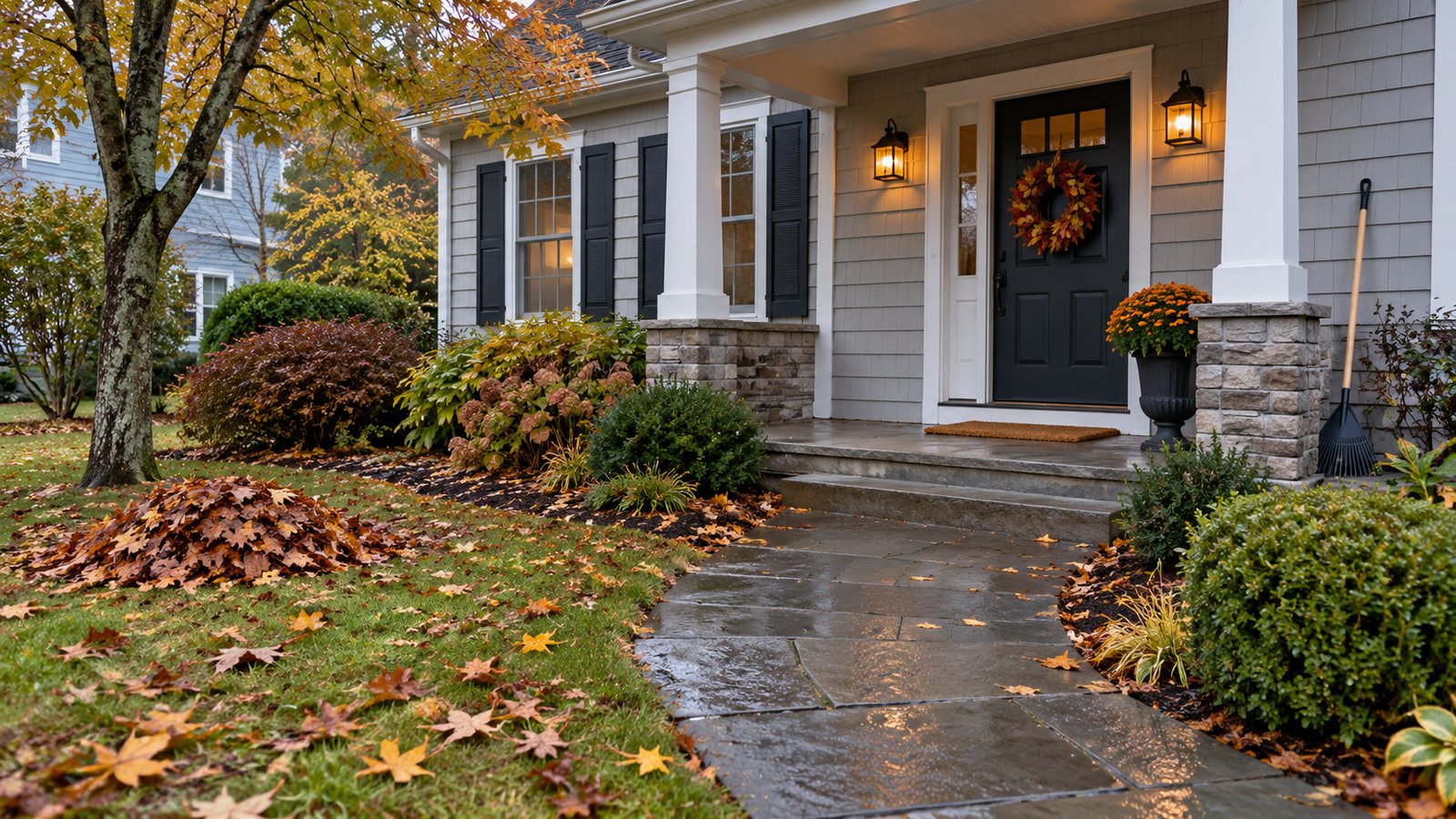 An autumn approach kept usable Damp paved walk leading to a front porch, with fallen leaves on the lawn and a rake stored beside the house