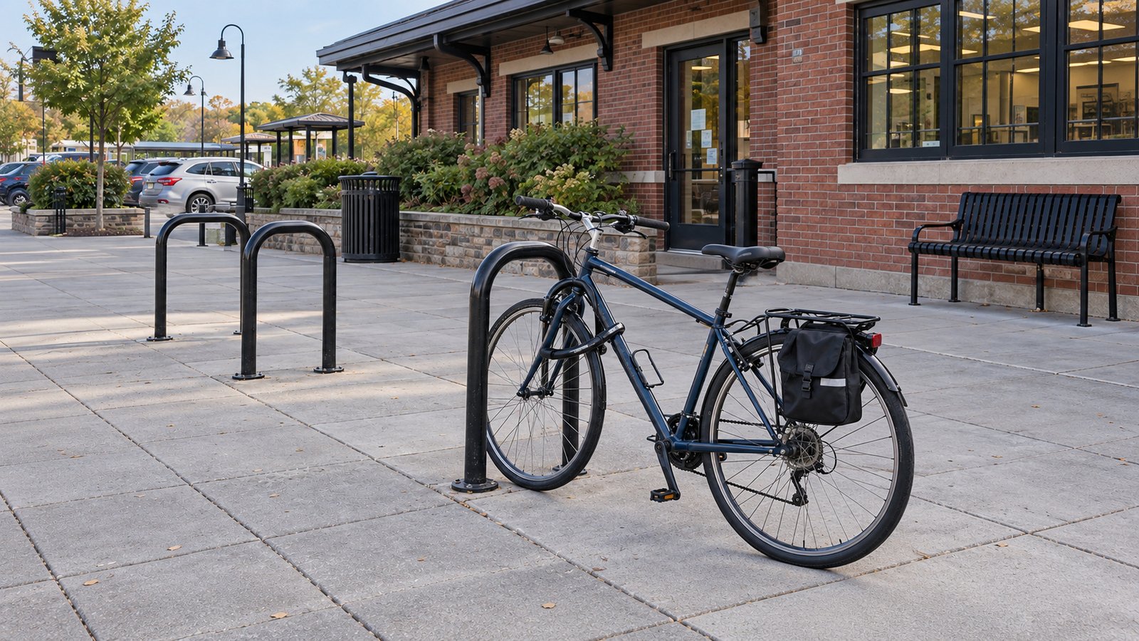 Considering a bicycle connection Blue bicycle with a rear pannier beside a metal rack on a paved forecourt outside a brick building