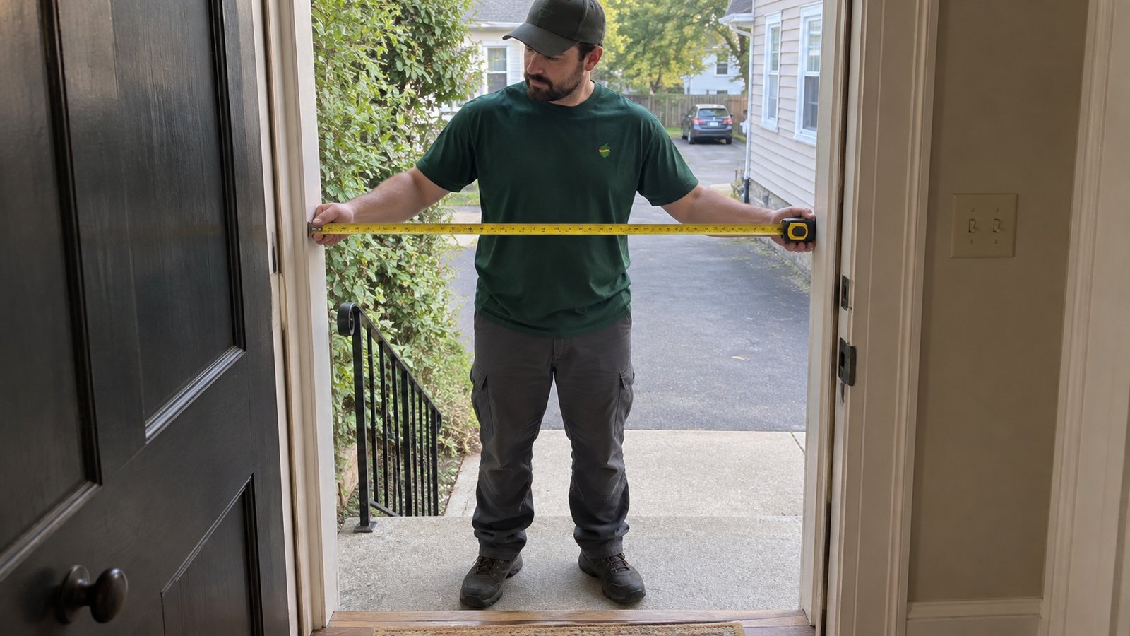 Measuring the clear doorway Mover facing an open doorway and holding a yellow tape between its inner jambs