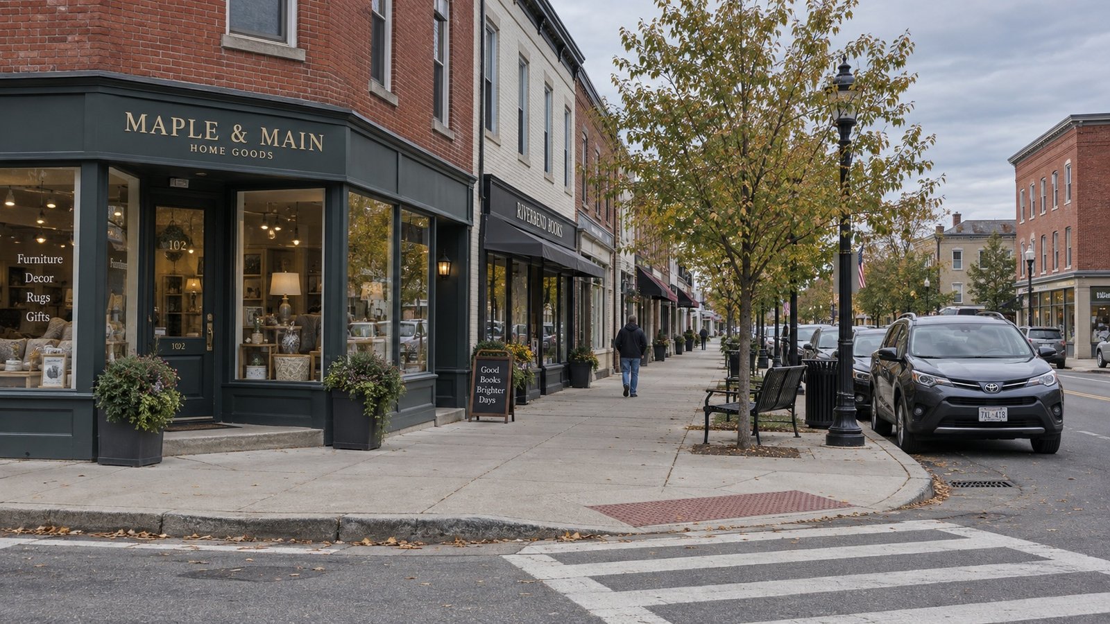 Man walking along a broad sidewalk beside brick storefronts, a bench and street trees