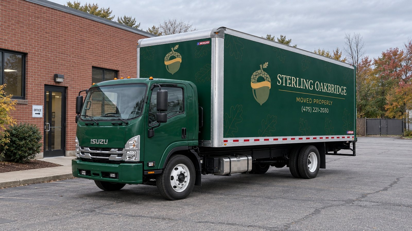 Room for the moving vehicle Dark green Sterling Oakbridge Isuzu box truck beside a brick building in a paved yard