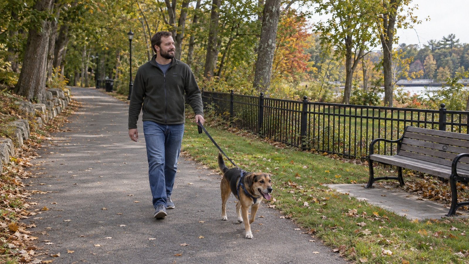 Man walking a leashed dog on a paved path beside a bench and black metal fence