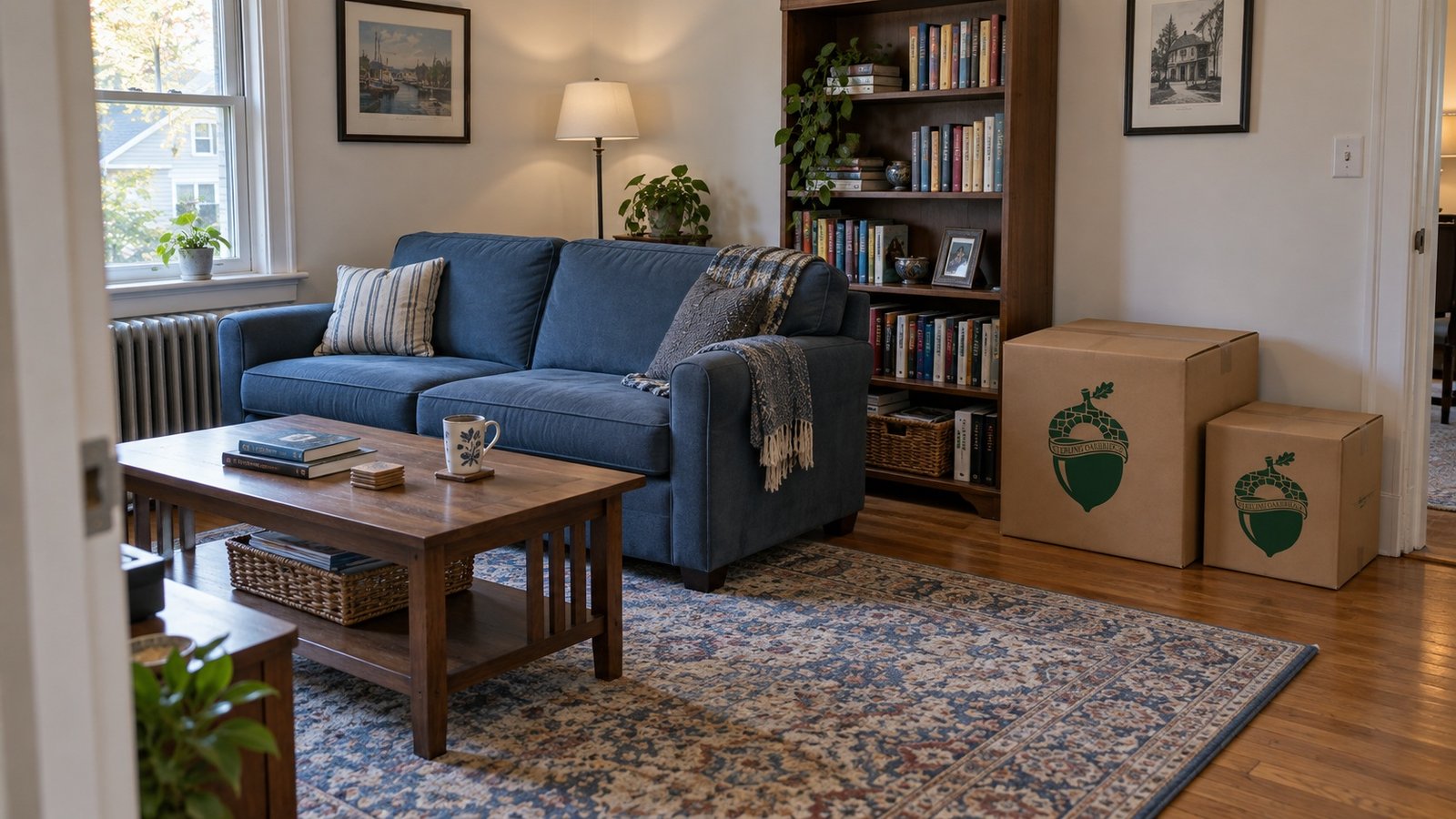 Blue sofa and wooden coffee table beside a bookcase and two closed branded kraft cartons