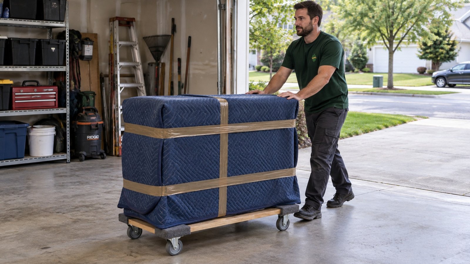Moving a protected furniture piece Mover guiding a blue-blanket-wrapped furniture piece secured with brown tape on a low wheeled dolly